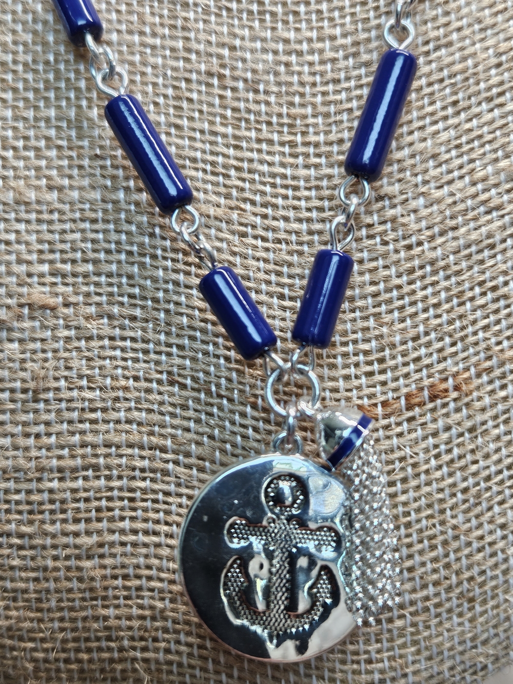 Liz Claiborne Navy Beaded Necklace with Silver Anchor Charm And Tassel